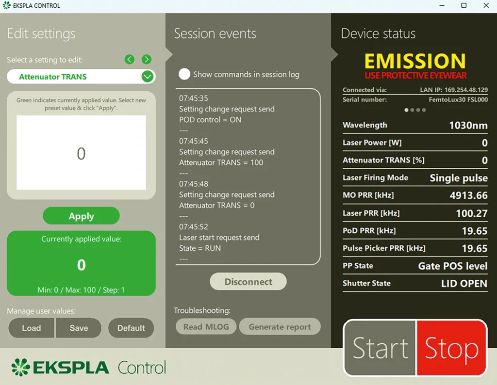 Laser control application