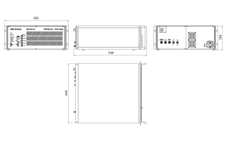 Outline drawings of FemtoLux 3 power supply and control unit