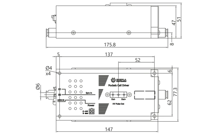 Drawings of PCD-UHR-II-C and 2PCD-UHR-II-C Pockels cell drivers.