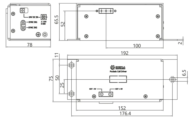 Drawings of PCD-UHV-C Pockels cell drivers.