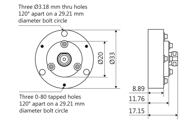 LightWire FFS100CHI laser collimator flange outline drawing for beam diameters 0.9 mm