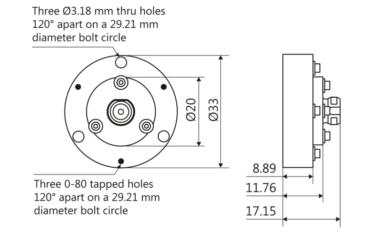 LightWire FPS100 laser collimator flange outline drawing for beam diameters 0.9 mm