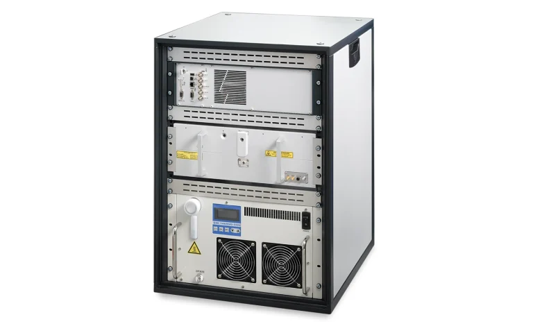 PhotoSonus X laser head with power supply units and cooling chiller installed in one rack.